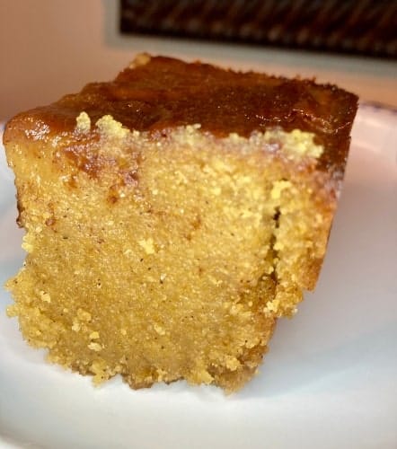 Slice of Cornmeal pudding recipe Jamaican.