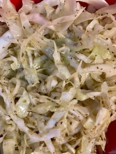 Closeup of Swedish pizzasallad cabbage salad.