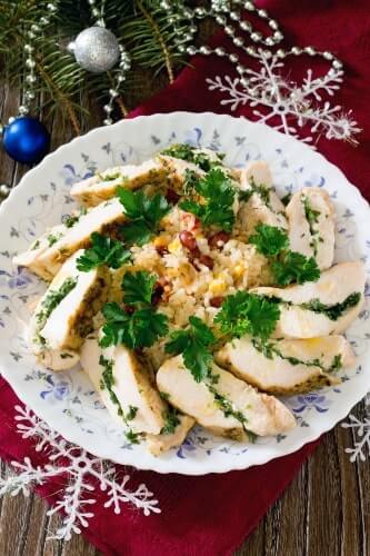 Rice surrounded by chicken to represent Christmas rice recipes.
