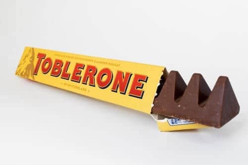Toblerone chocolate bar from Switzerland. A favorite Swiss chocolate brand. Displayed on a white background.