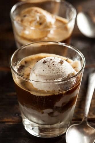 Affogato Italian Coffee Drink on a wooden table.