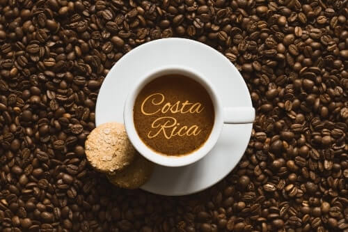 The best Costa Rican coffee in a background with a cup of coffee with the words Costa Rica in the center.